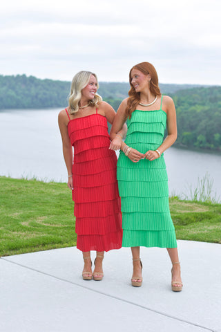 Pleated Midi Dress - Red