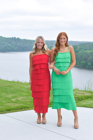 Pleated Midi Dress - Red