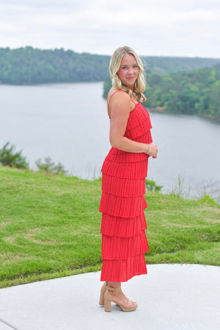 Pleated Midi Dress - Red