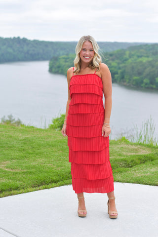 Pleated Midi Dress - Red