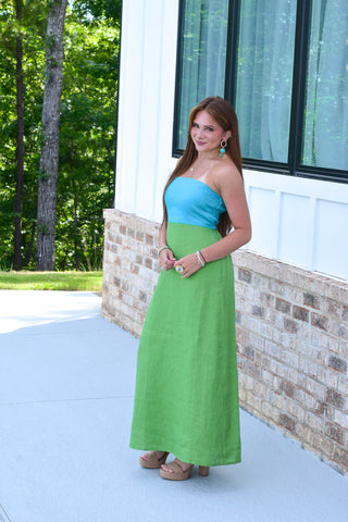 Linen Block Dress - Aqua