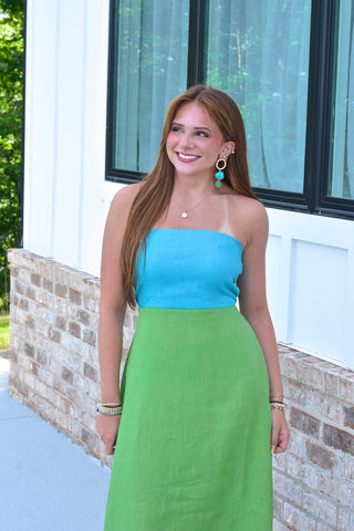 Linen Block Dress - Aqua