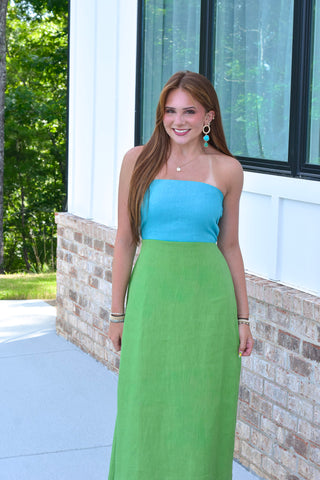 Linen Block Dress - Aqua