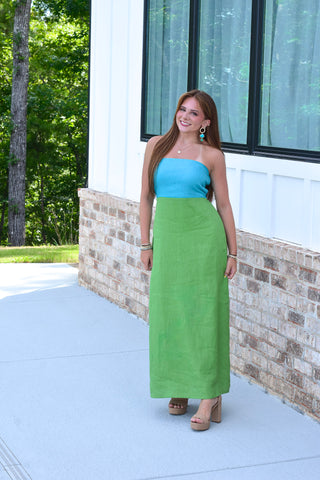 Linen Block Dress - Aqua