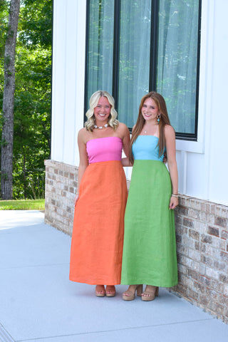 Linen Block Dress - Aqua