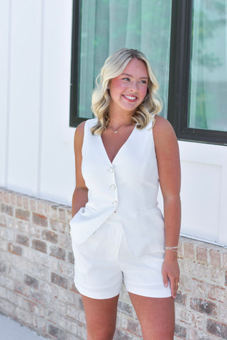 Button Short Set - White