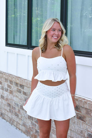 Rhinestone Skirt Set - White