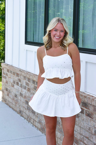 Rhinestone Skirt Set - White