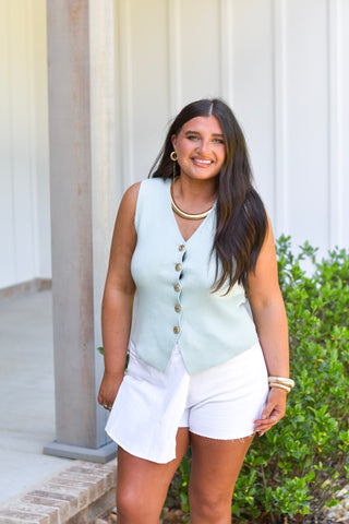 Gold Button Top - Sage