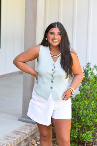 Gold Button Top - Sage