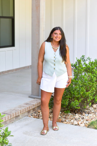 Gold Button Top - Sage