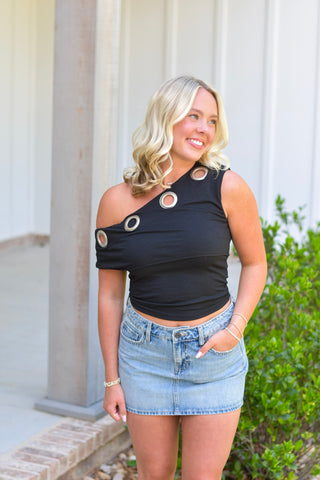 Asymmetric Eyelet Top