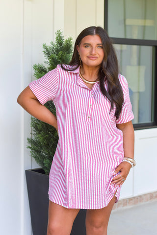 Striped Shirt Dress - Red