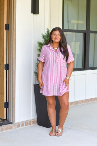 Striped Shirt Dress - Red