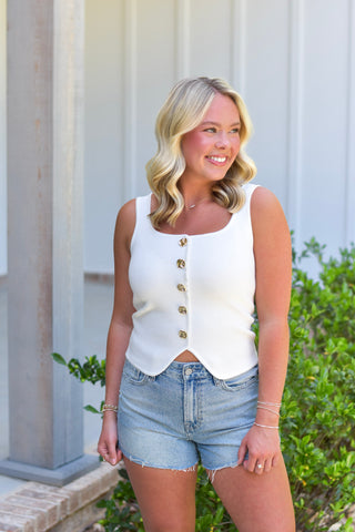 Gold Button Tank - Ivory