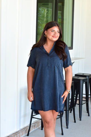 Washed Shirt Dress - Navy