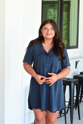 Washed Shirt Dress - Navy