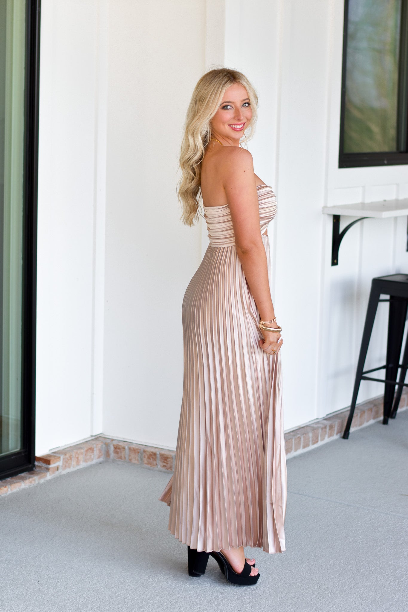 champagne pleated maxi dress The Annalise | Champagne Evening Formal Dress A-Line Round Neck Pleated Maxi Dress