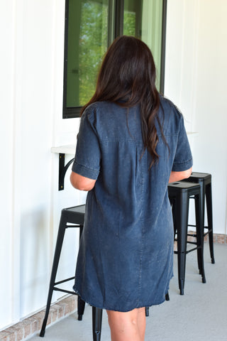 Washed Shirt Dress - Navy