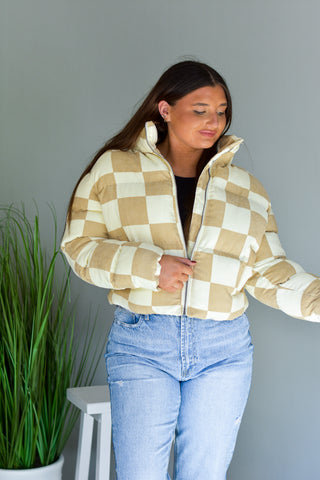 Checkered Puffer - Cream - Lavish Tuscaloosa