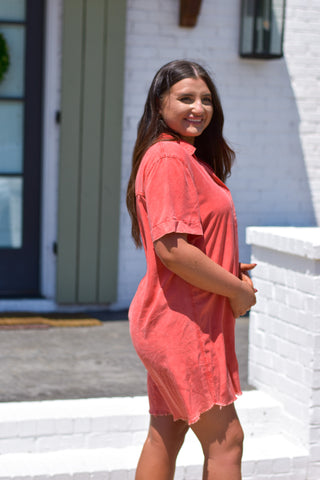 Washed Shirt Dress - Red