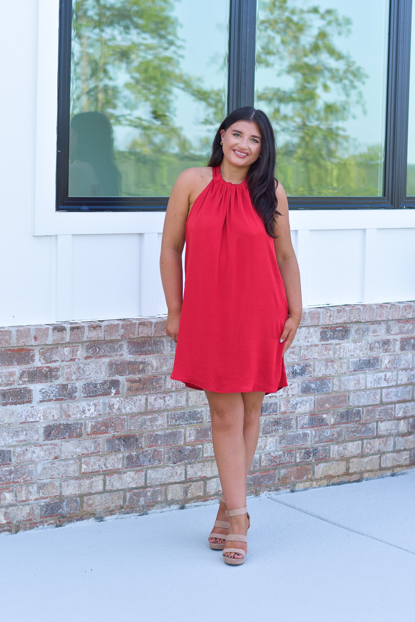 red silk shift dress LAND red - fluid silk shirt dress