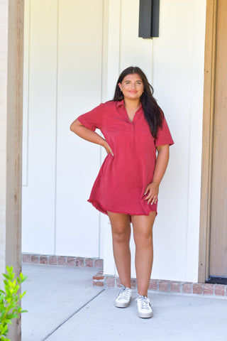 Washed Shirt Dress - Crimson