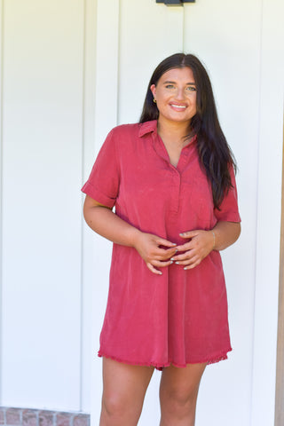 Washed Shirt Dress - Crimson