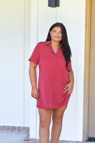 Washed Shirt Dress - Crimson