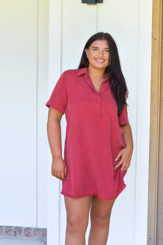 Washed Shirt Dress - Crimson