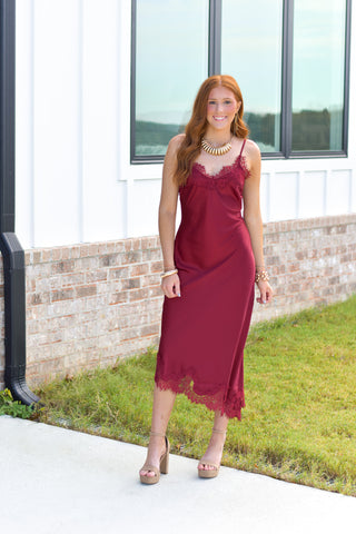 Satin Lace Midi - Wine