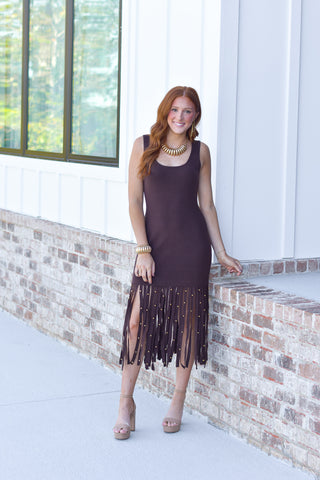 Fringe Midi Dress - Brown