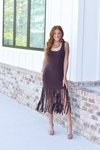 Fringe Midi Dress - Brown