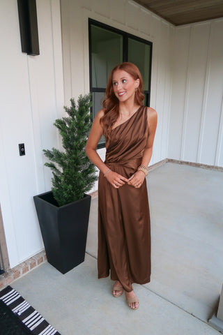 Satin Shoulder Maxi - Brown