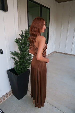 Satin Shoulder Maxi - Brown