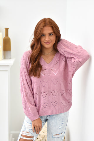 Heart Etched Sweater - Pink - Lavish Tuscaloosa