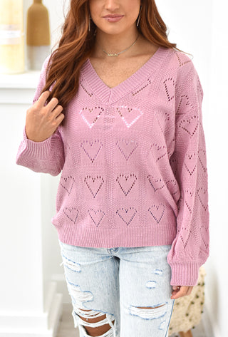 Heart Etched Sweater - Pink - Lavish Tuscaloosa